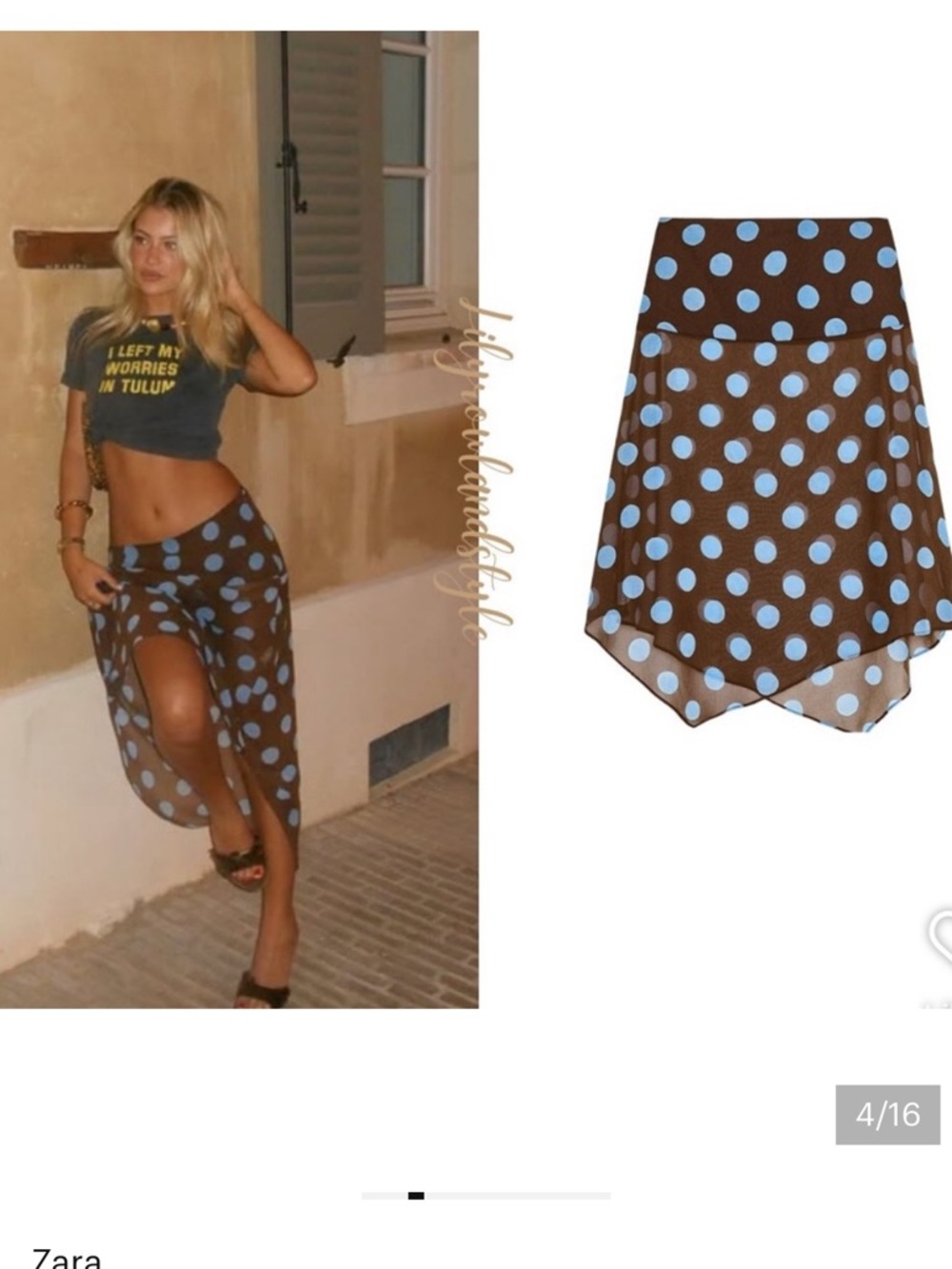 Zara Brown Midi Skirt with Blue Polka Dots